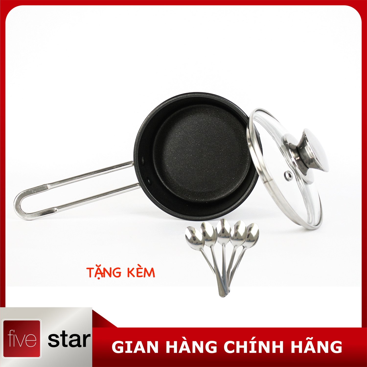 Quánh chống dính 3 đáy inox 430 cao cấp Fivestar Standard nắp kính bếp từ (12cm/14cm) , tặng 5 muỗng ăn