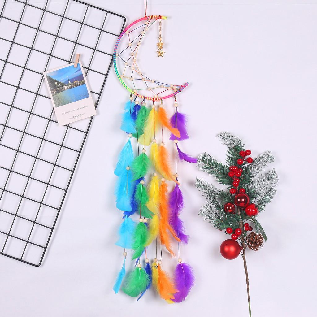 Dream Catcher Mặt Trăng Nhiều Màu Đính Lông Vũ - Đã làm sẵn