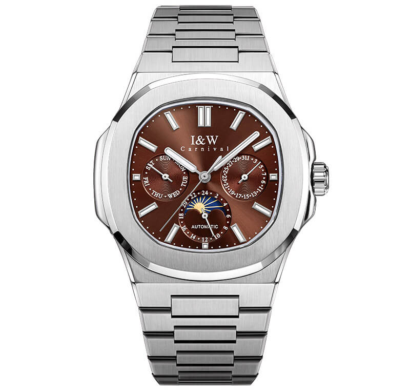 Đồng hồ nam chính hãng I&W CARNIVAL 55886G-4 mặt nâu size mặt 42mm,kính sapphire ,chống nước 50m,dây thép không gỉ