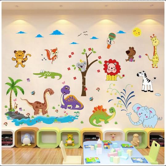 BỘ COMBO DECAL GHÉP ĐÔI TRANG TRÍ - Khủng Long kết hợp Voi Xanh lớn