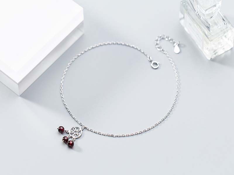 Lắc Chân Bạc Nữ cao cấp hạt cherry đỏ LCBN197 + Tặng hộp đựng lắc + Tặng khăn lau bạc