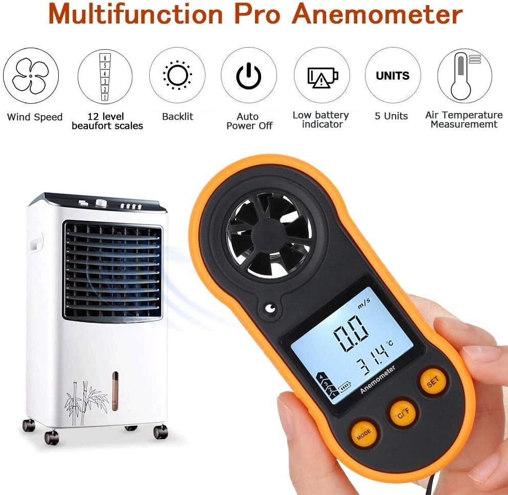 Máy đo gió kỹ thuật số, Máy đo tốc độ gió, Máy đo tốc độ dòng khí để đo tốc độ / nhiệt độ gió, để chụp ảnh, HVAC, Bay bằng máy bay không người lái, Lướt sóng, Câu cá