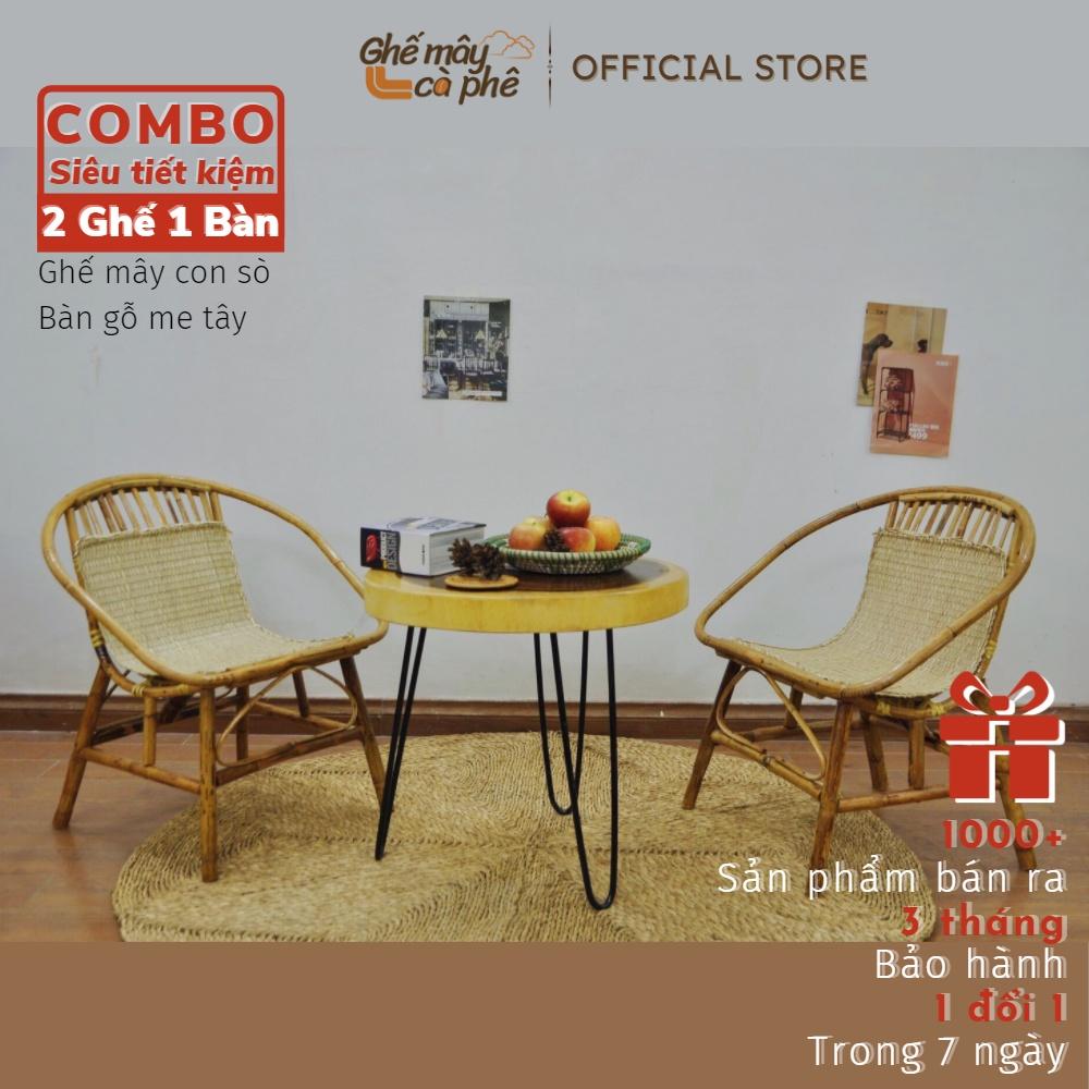 (Combo siêu tiết kiệm) Bộ bàn ghế mây sò tự nhiên và bàn gỗ me tây, phù hợp làm quán Cafe / ban công gia đình / Homestay