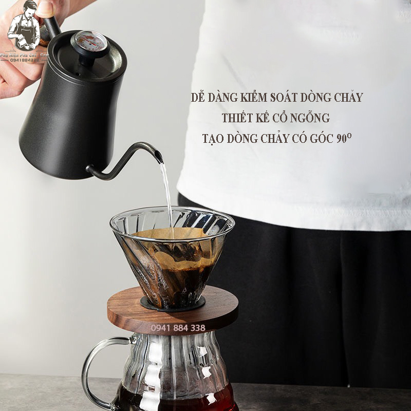 Ấm Cổ Ngỗng Pha Cà Phê Tay Gỗ Có Nhiệt Kế 600ml