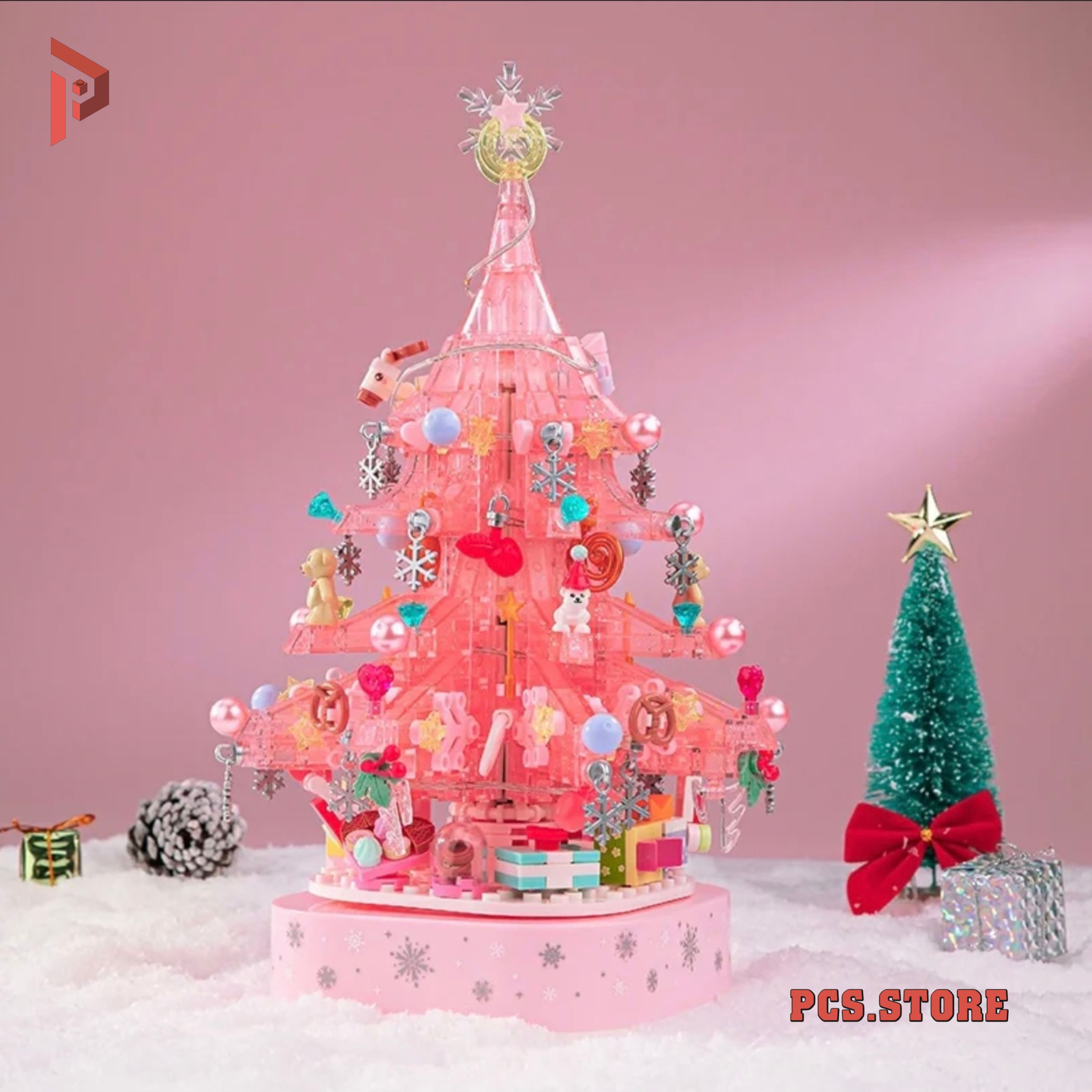 Đồ Chơi Lắp Ráp Mô Hình Hộp Nhạc Cây Thông Noel Màu Hồng - PCS STORE