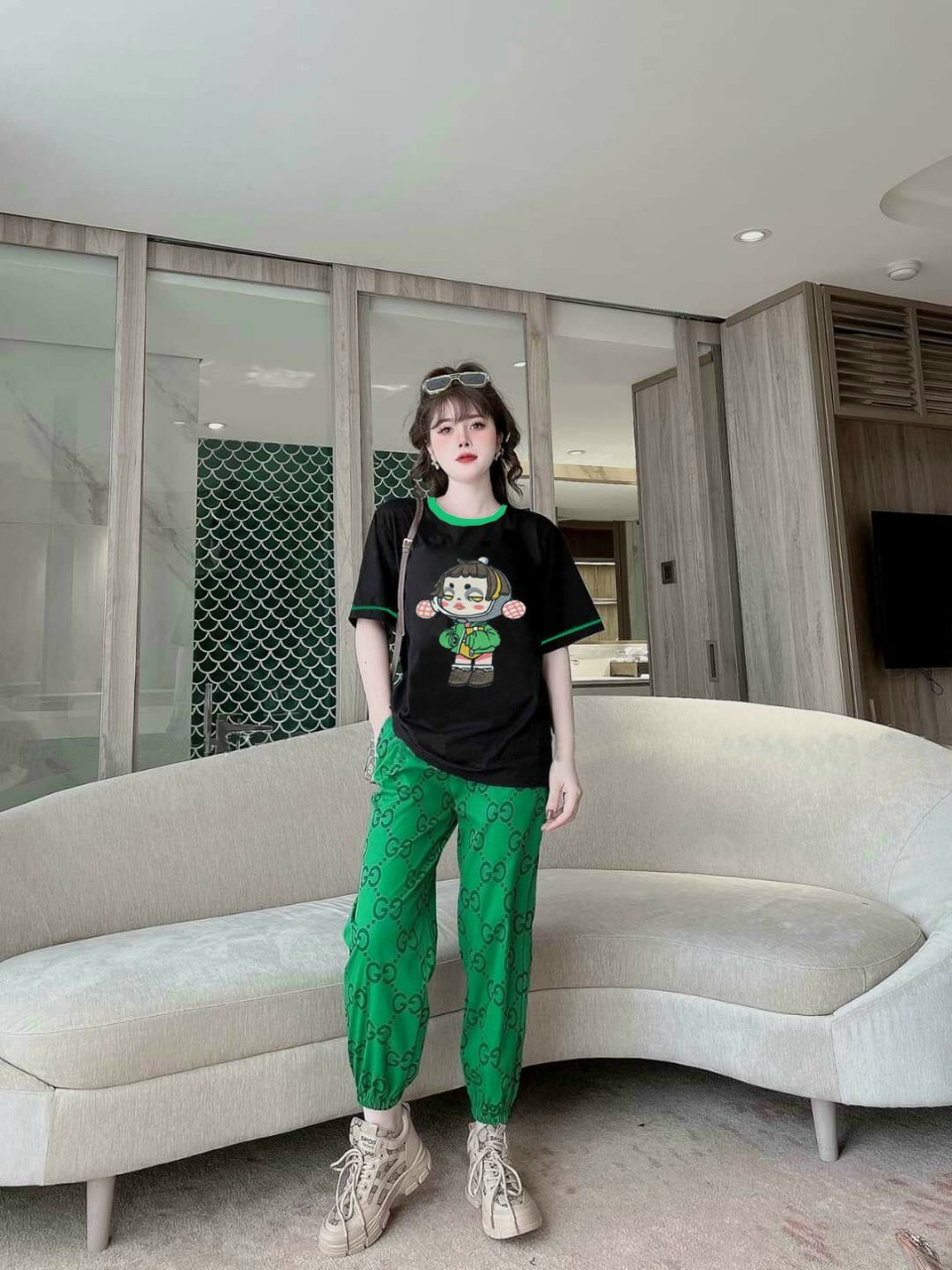 [FREESHIP]Đồ bộ dài form rộng áo thun cotton logo nhập thêu đắp phối quần thun lạnh in 3D xanh lá hiện đại
