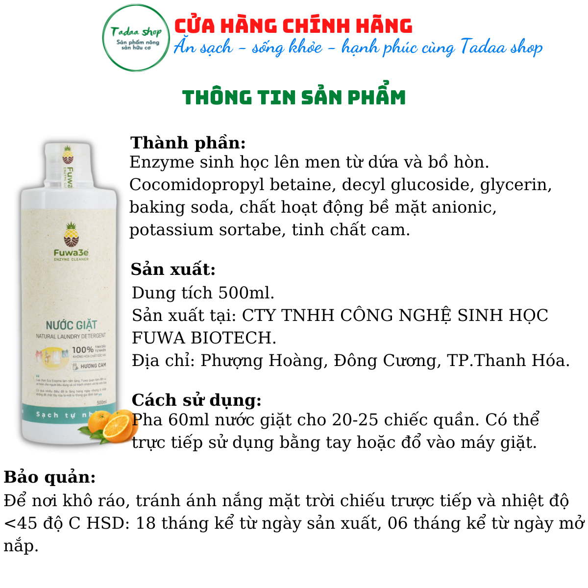 Nước giặt hữu cơ Organic Fuwa3e hương cam sạch nhanh tiết kiệm nước, không hại da tay chai 500ml