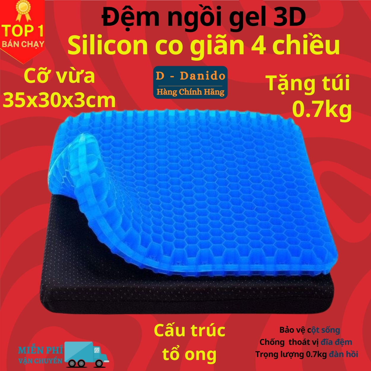 Đệm ngồi Gel 3D tổ ong thoáng khí, Đệm ngồi cao cấp chất liệu Silicon co giãn 4 chiều mát lạnh siêu êm - Hàng chính hãng D Danido