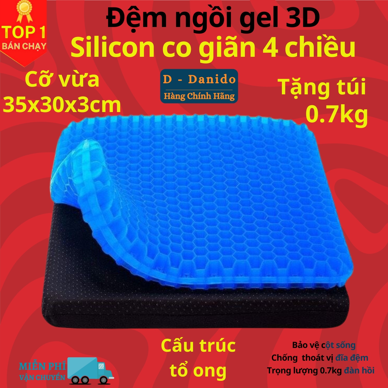 Đệm ngồi Gel 3D tổ ong thoáng khí kích thước 35x30x3cm và 42x37x3.5cm, Đệm ngồi cao cấp chất liệu Silicon mát lạnh siêu êm - Hàng chính hãng
