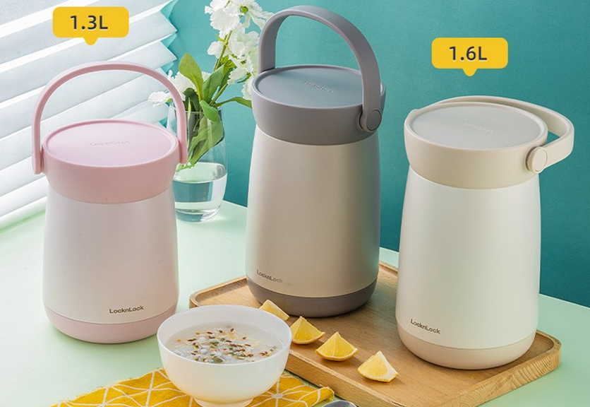 Bình giữ nhiệt đựng thức ăn LocknLock Mushroom LHC8048 LHC8049, Hàng chính hãng, 1,3-1,6L, 2 ngăn, có quai xách - JoyMall