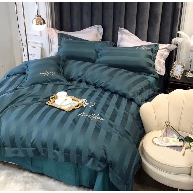 Bộ Chăn Ga Gối Satin Lụa Cao Cấp Chần Bông - Kẻ Xanh Đậm