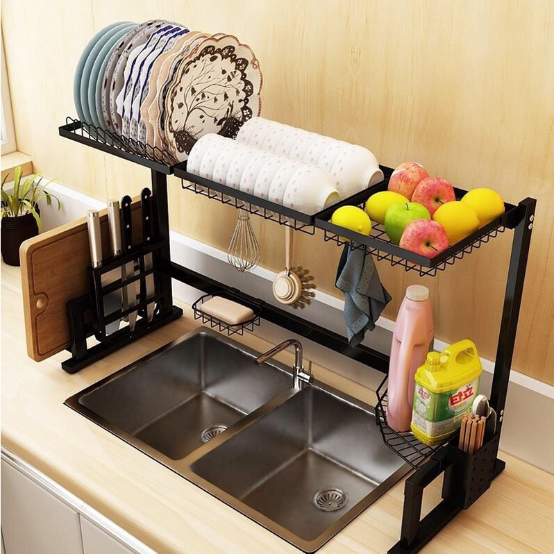 Kệ để chén bát, dao thớt bằng inox ráo nước trên bồn rửa - Bồn 2 chậu