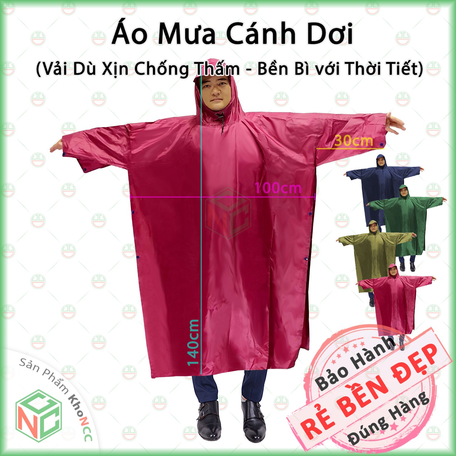 Loại Tốt Áo Mưa Cánh Dơi Xẻ Tà Khoncc - Vải Dù Cao Cấp Loại Lớn 1M4 - Che Kín 2 Người Mùa Mưa - Nql - Aomuadu Xanh Lá, Xanh Đen, Xanh Dương, Đỏ Đô, Cỏ Úa - Hàng Chính Hãng - Đỏ Đô
