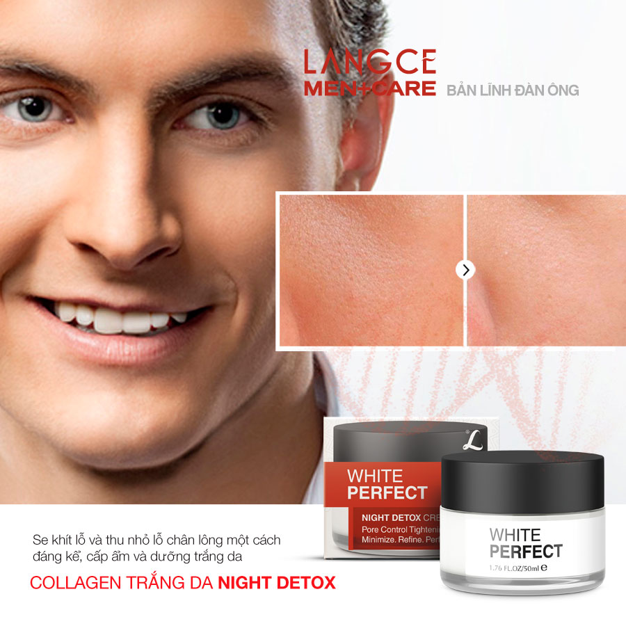 Collagen White Perfect Dưỡng Trắng Thanh Lọc Độc Tố, Se Khít Chân Lông 50ml cho Nam TẶNG Gel Vệ Sinh Vùng Kín Nam 100ml LANGCE