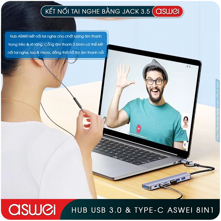 Hub Type C Và Hub USB ASWEI 8 in 1 To USB 3.0, SD, TF, USB C, Audio 3.5mm - Cổng Chia USB, Ổ Chia USB Tốc Độ Cao - Hub Chuyển Đổi USB Type C 8 Cổng Dành Cho Macbook, Laptop, PC, Máy Tính Bảng, Điện Thoại - Hàng Chính Hãng