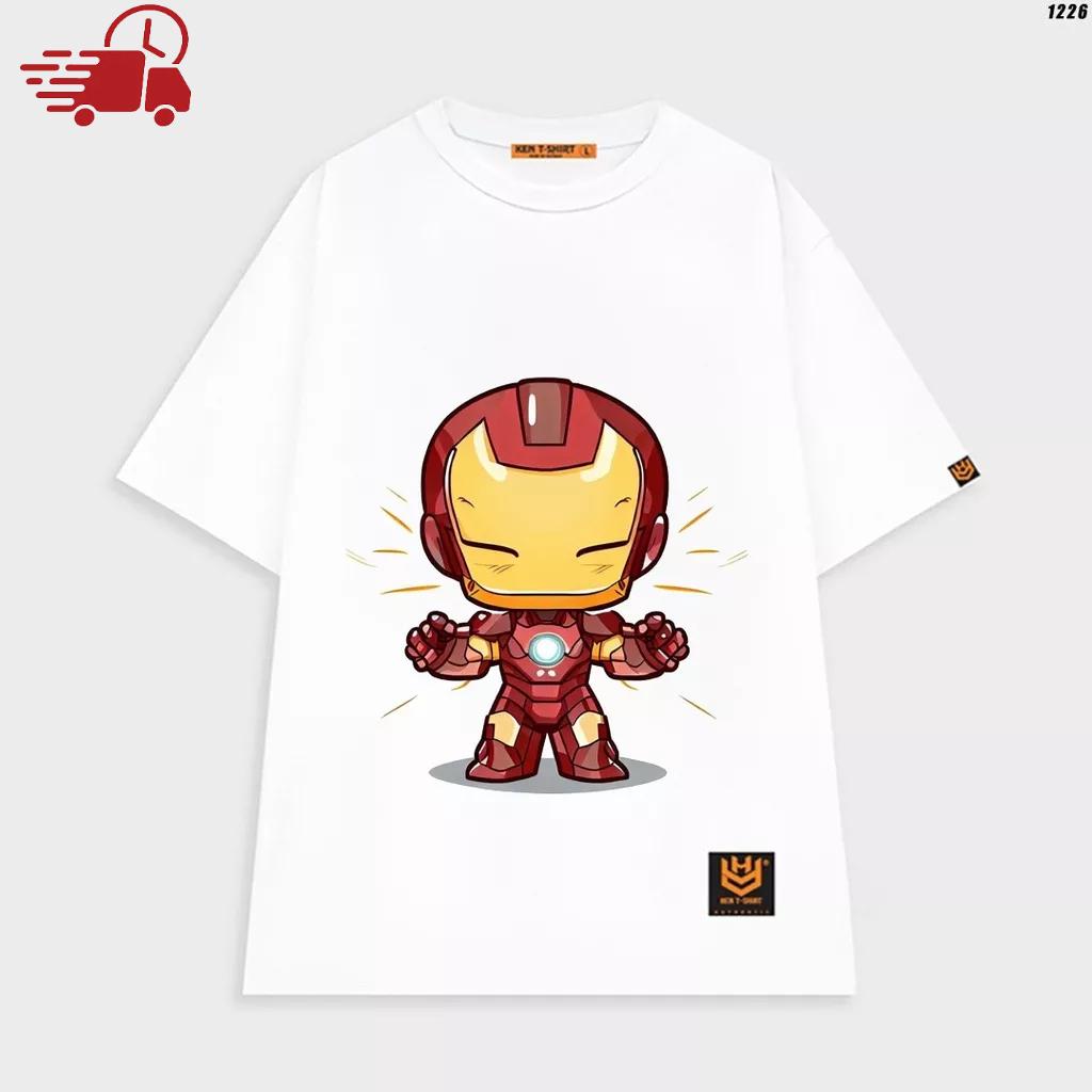 Áo thun tay lỡ unisex áo phông trơn nam nữ Iron man mini vui nhộn