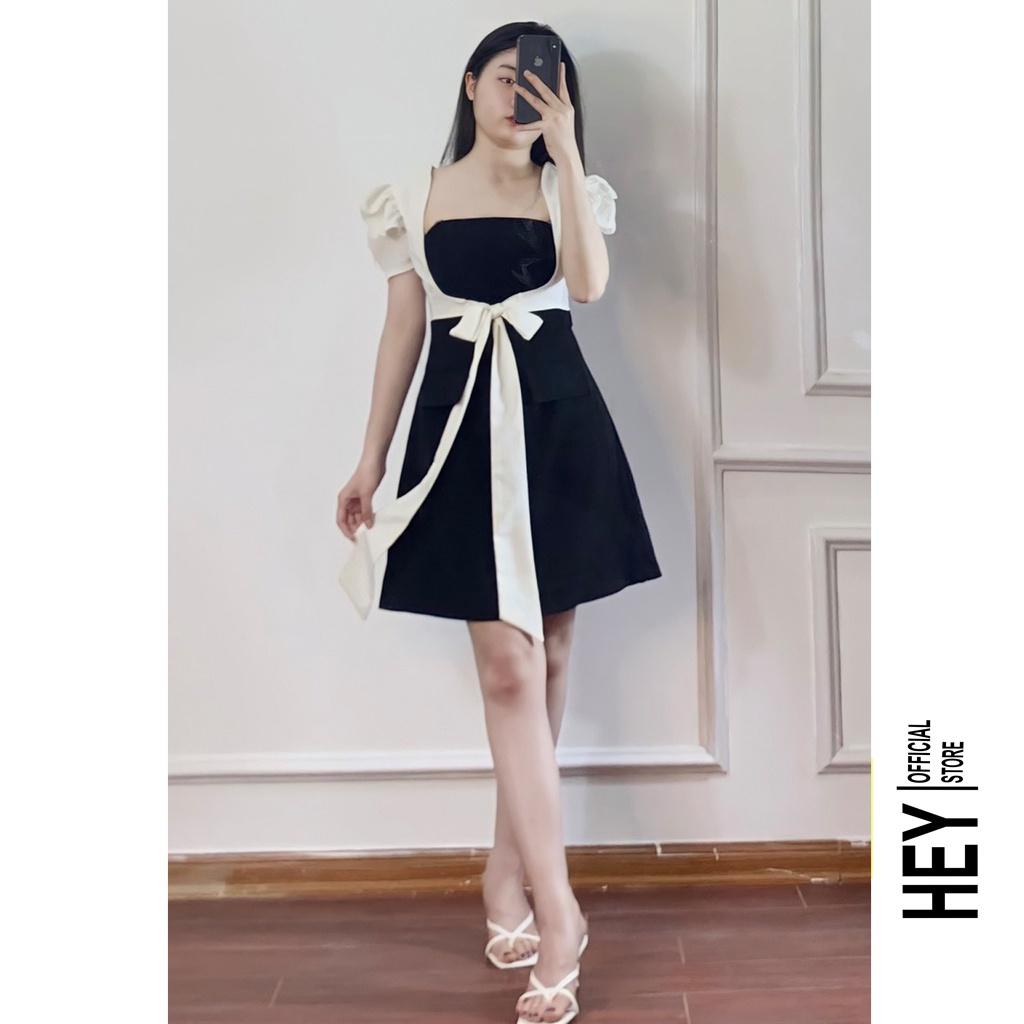 Đầm đen trắng thắt nơ dáng chữ A cá tính đủ size từ S đến XL - V91 - HEY OFFICAL