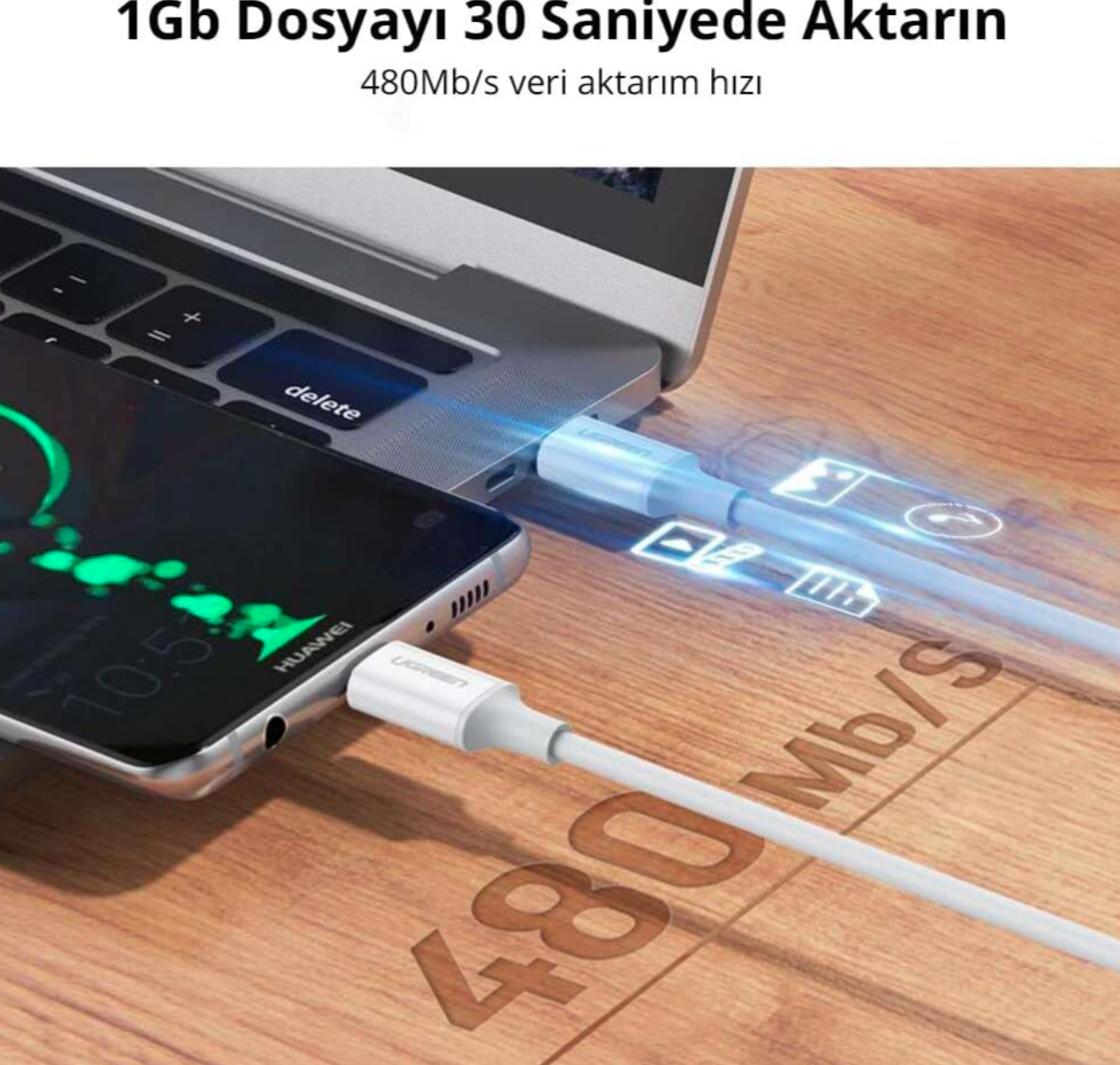 cáp usb type c revolution 2.0 vỏ abs màu trắng Ugreen 300BT60551US 1m 5A hàng chính hãng