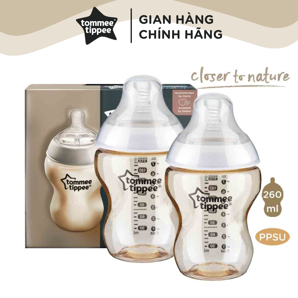 Bình sữa PPSU ty siêu mềm tự nhiên Tommee Tippee Closer to Nature 260ml, núm ty đi kèm 3-6 tháng (Bình đôi)