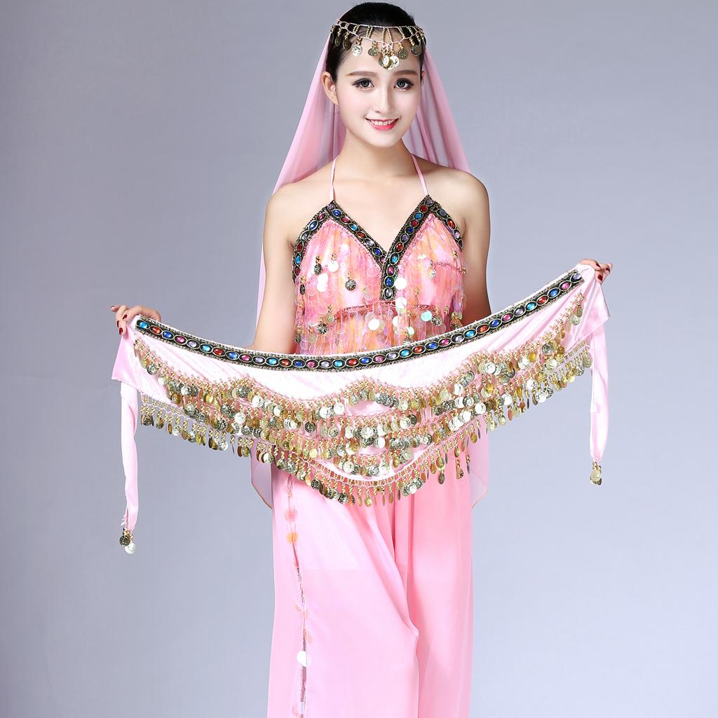 Women's Performance Clothing Accessories Triangular Belly Dancing Hip Scarf Wrap Skirt with Gold Coins for Show Girls