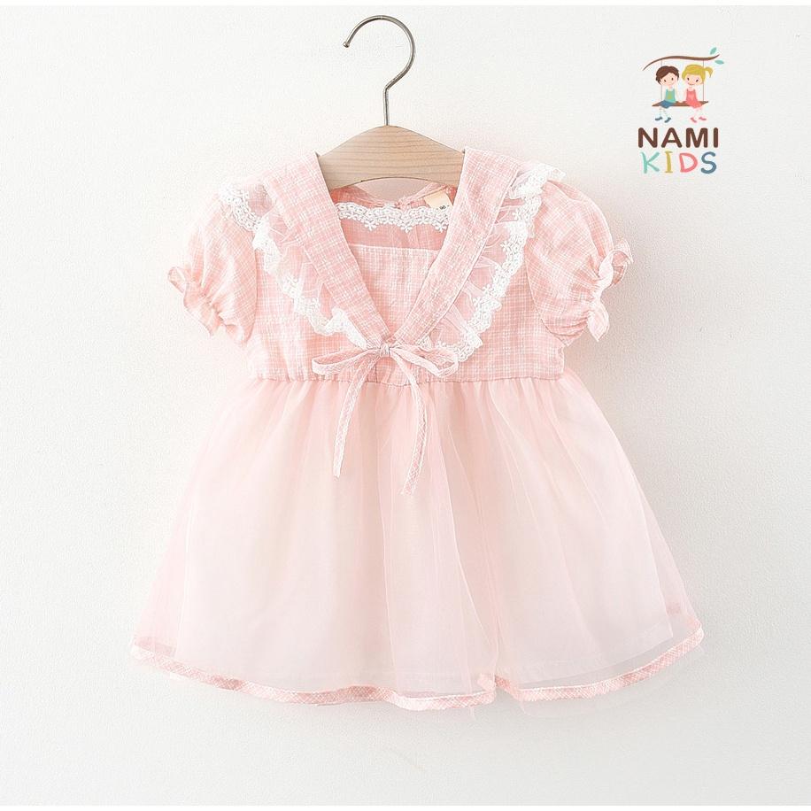 Váy voan bé gái họa tiết caro phong cách thủy thủ đáng yêu hàng QCCC