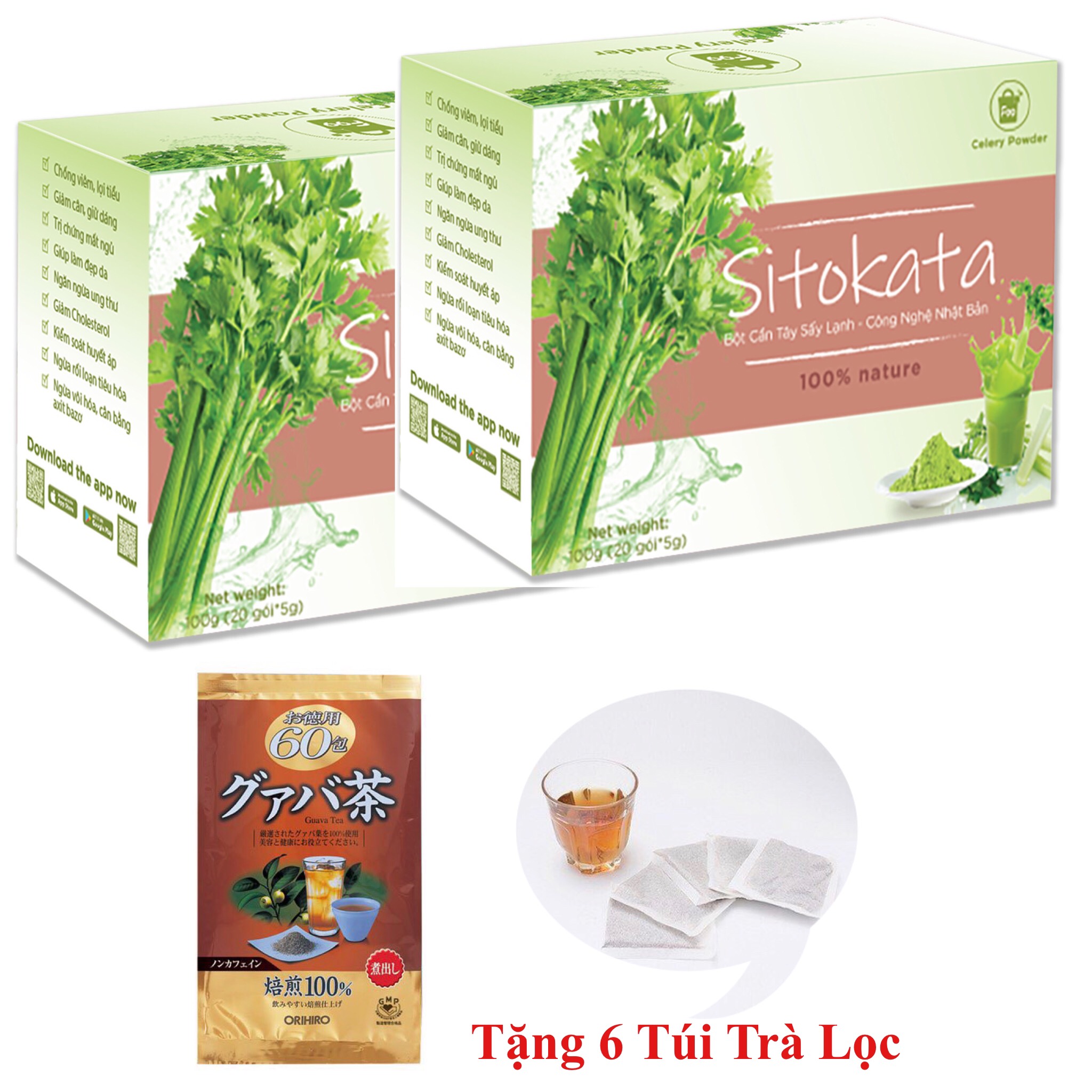 Combo 2 Bột Cần Tây Sitokata Nhật Bản (Tặng Kèm 6 Túi Lọc Trà Ổi Orihiro Nhật Bản + Bình Nước + Cẩm Nang Giảm Cân 7 Ngày)