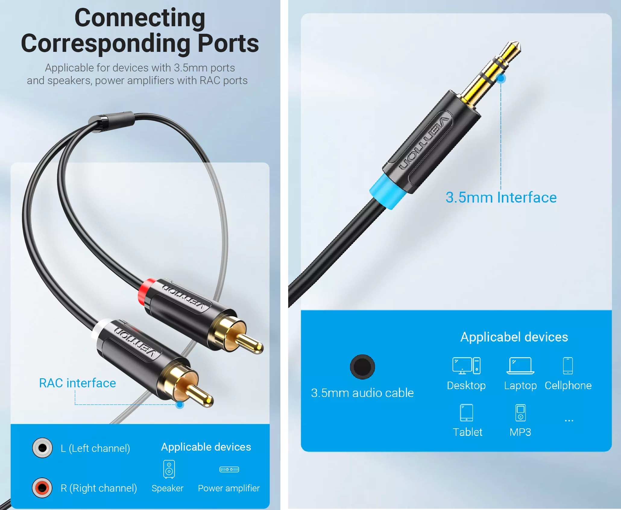 [ 3.5 male ra 2*RCA male ] Cáp chuyển Audio  3.5mm ra 2 đầu RCA  Vention BCLBG - Hàng chính hãng