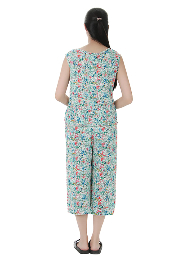Bộ mặc nhà lanh (tole) Vicci BST.086.8 vải chéo Hàn cao cấp quần ống sớ họa tiết hoa xanh to