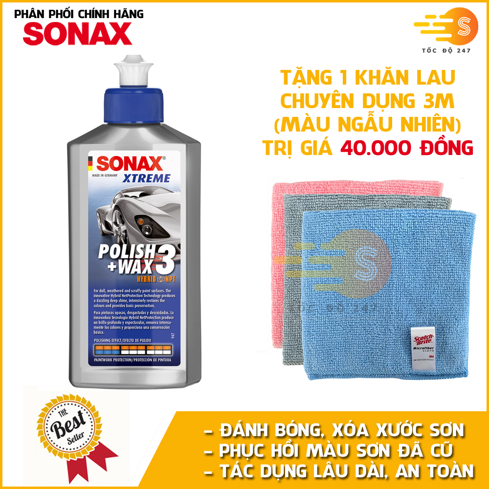 Kem đánh bóng, xóa xước và bảo vệ sơn xe ô tô 3in1 Sonax 202100 250ml - Tặng 1 khăn lau 3M màu ngẫu nhiên - phục hồi sơn cũ, xóa vết xước nhỏ và bảo vệ sơn xe toàn diện