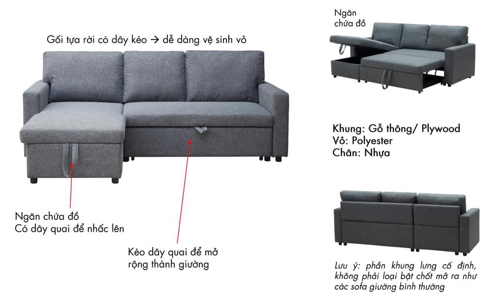 Sofa Giường Có Hộc BAYA SILVA Có Phần Khung Làm Từ Gỗ Thông/ Plywood Chắc Chắn, Bền Đẹp Vỏ Bọc Polyester Êm Ái, Thiết Kế Gọn Gàng Với Ngăn Chứa Rộng Rãi 5249