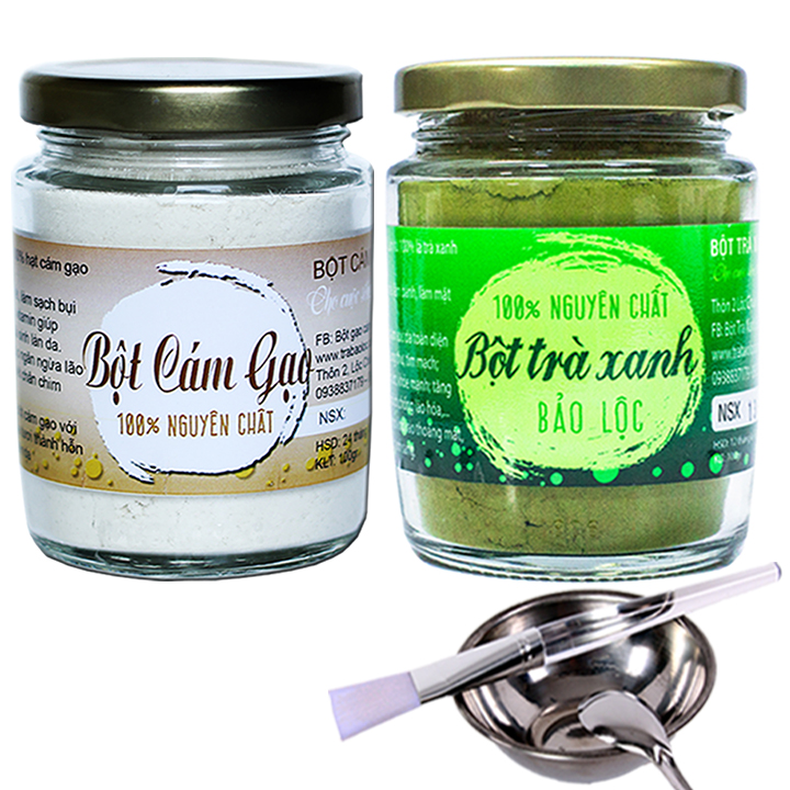 Combo Bột Bột Trà Xanh + Bột Cám Gạo - Nguyên Chất Bảo Lộc Vũ Gia (100g) + Tặng Bộ Pha Chế Đắp Mặt Nạ Cao Cấp