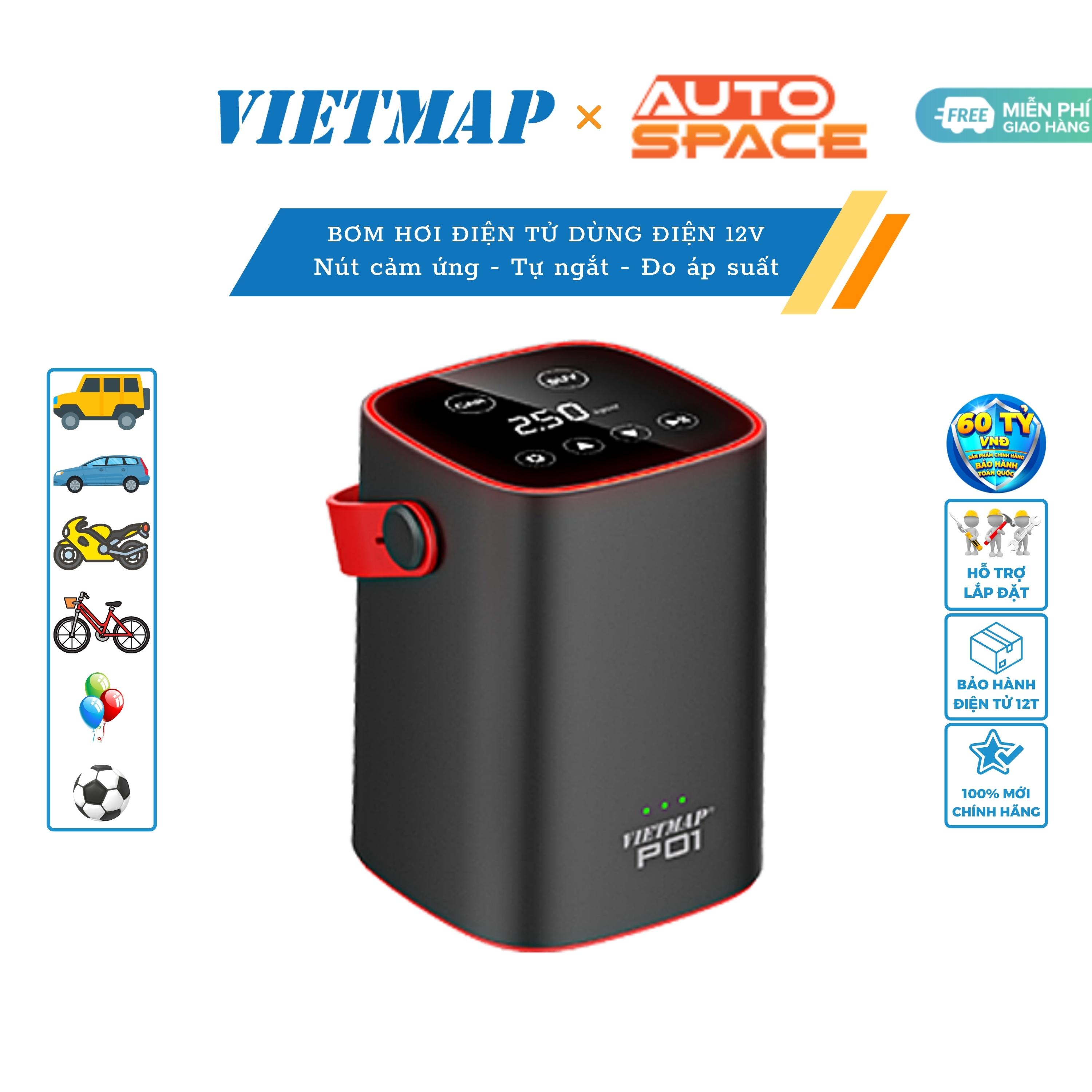 VIETMAP P01 | Bơm Lốp Điện Tử Đa năng dùng điện 12-24v không pin - Hàng Chính Hãng