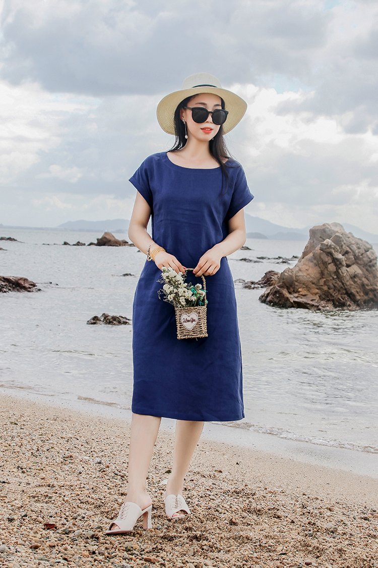 Đầm linen nữ , đầm suông thiết kế trơn basic kèm dây thắt eo, thời trang nữ đi làm, đi chơi Da84