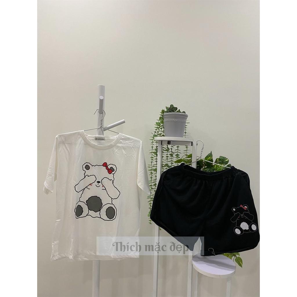 Đồ bộ nữ thun cotton style hàn quốc form rộng tay ngắn quần đùi in chú gấu cute xinh 04 màu xanh đen tím vàng