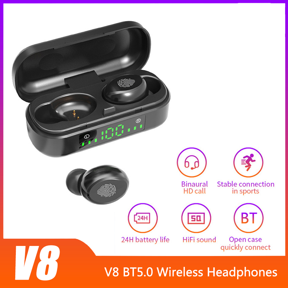 Tai Nghe Không Dây V8 BT5.0 Công Tắc Master-SlSVe Điều Khiển Cảm Ứng Giảm Tiếng Ồn IPX7 Chống Nước 300mah