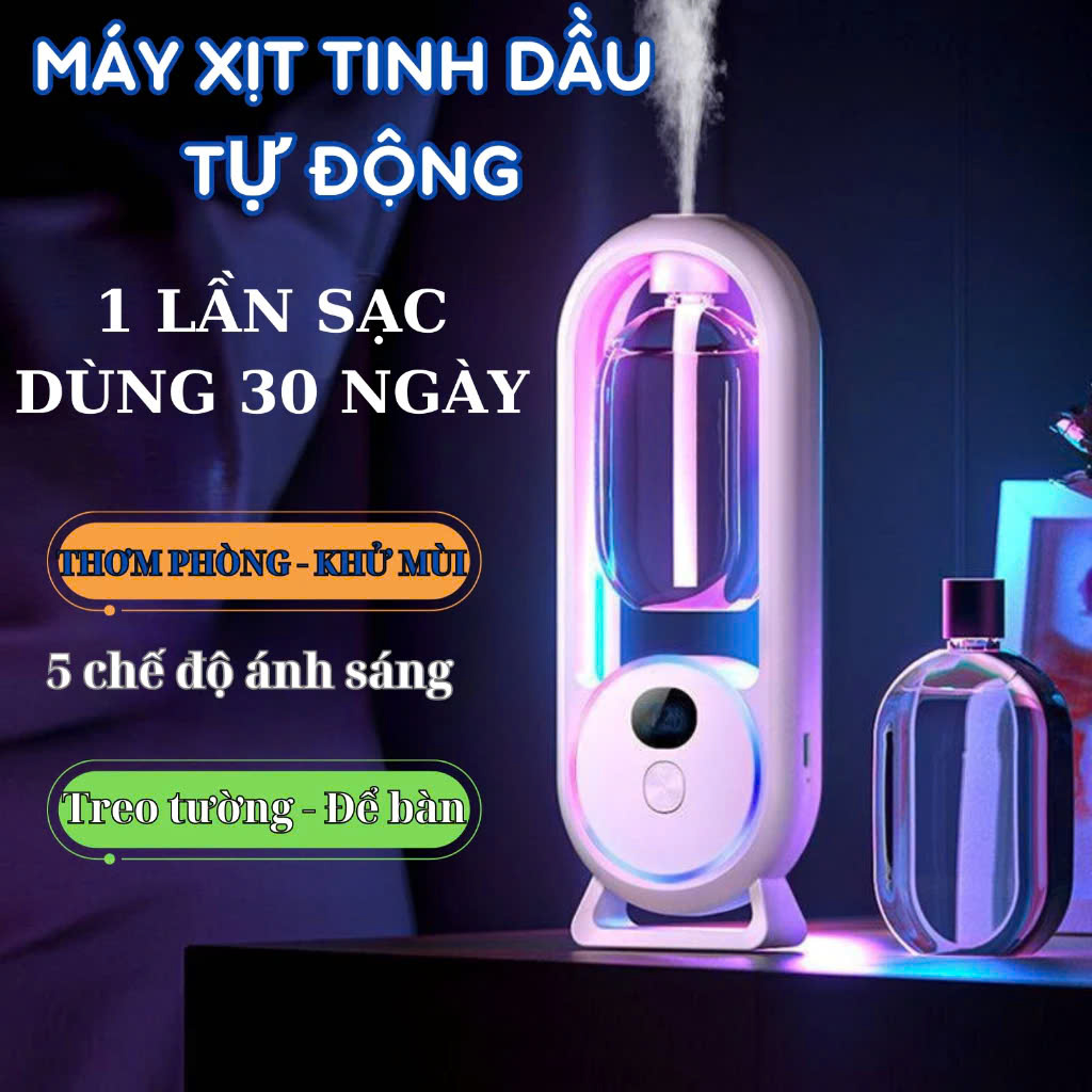 Bộ Máy Xịt Thơm Phòng Tự Động 5 Chế Độ (Gồm Máy &amp; 01 Lõi Tinh Dầu) Máy Khuyếch Tán Tinh Dầu Decor Phòng Ngủ