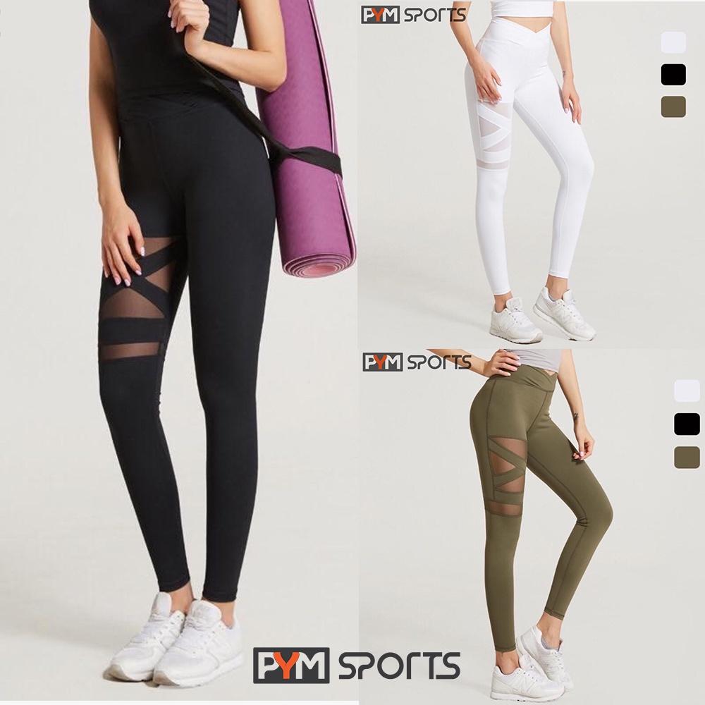 Quần dài legging tập Yoga - Gym PYMSPORT - PYML016, pha lưới, nâng mông, 3 màu đen, xanh rêu, trắng