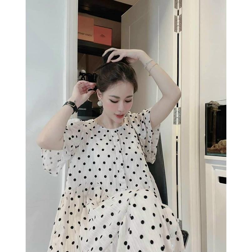 Đầm Bầu Váy Bầu Mùa Hè Chấm Bi Thiết Kế Xinh Xắn Sang Chảnh 2 Lớp Cúc Mở M536 Mom and Baby