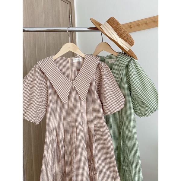 Váy kẻ tay bồng cổ bẻ 9475