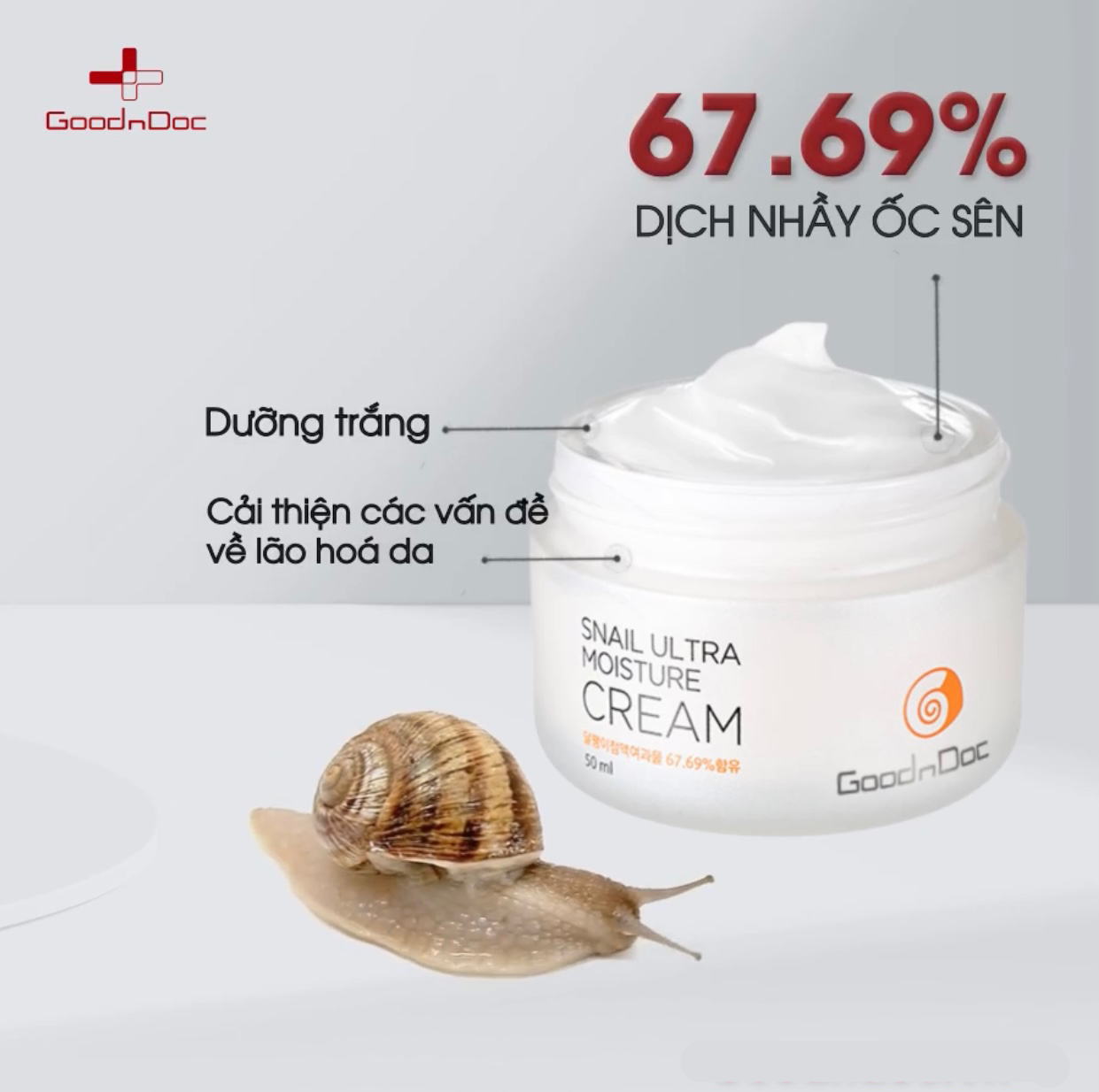 Kem dưỡng da ốc sên GoodnDoc Snail Ultra Moisture Cream 50ml, có tác dụng chống lão hóa, ngăn ngừa các nếp nhăn