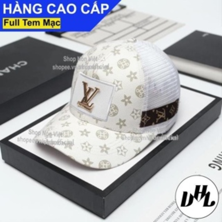 Mũ Lưỡi Trai Nón Kết LV Thêu Logo Vuông Sọc Ngang Bên Hông Phối Lưới Thoáng Mát Vải Hoạ Tiết Kaki Cotton Màu Trắng