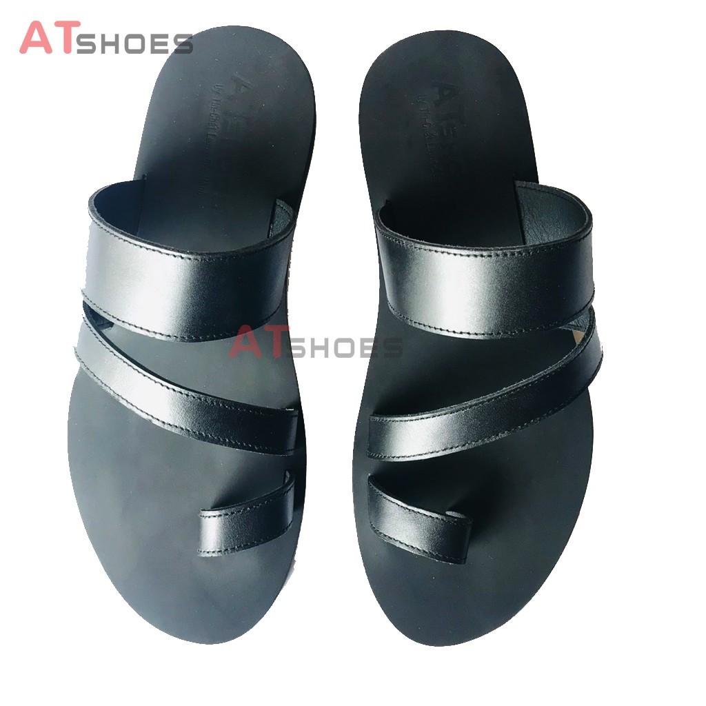 Dép Sandal Dép Xỏ Ngón Da Bò Thật Sandal Xỏ Ngón Nam Nữ Trẻ Trung Đế Caosu Chống Nước XNSG22 (Đen - Đen đế vàng