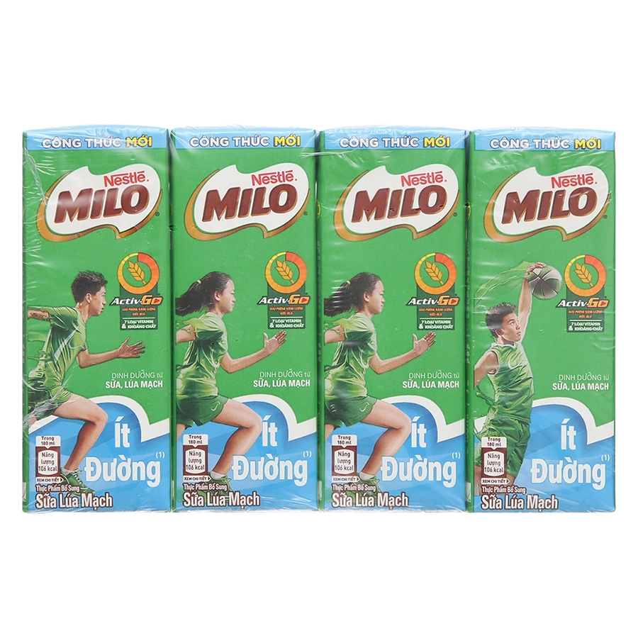 [Tặng Túi Đeo Chéo Chữ Nhật Milo] Sữa lúa mạch Nestlé MILO ít đường thùng 48 hộp x 180ml (12x4x180ml)