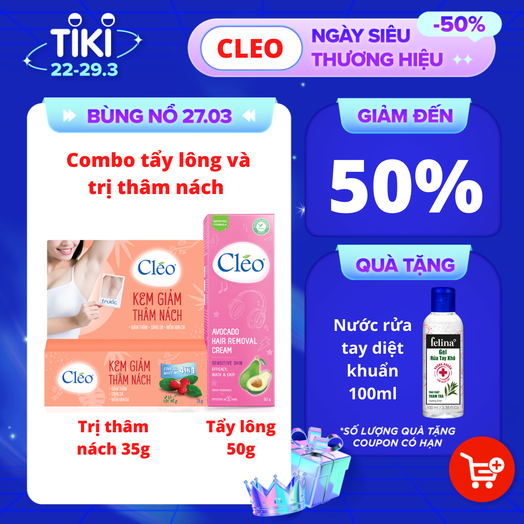 Combo tẩy lông nách Cléo cho da nhạy cảm an toàn không đau 50g và kem giảm thâm nách Cléo chiết xuất lá lộc đề 35g