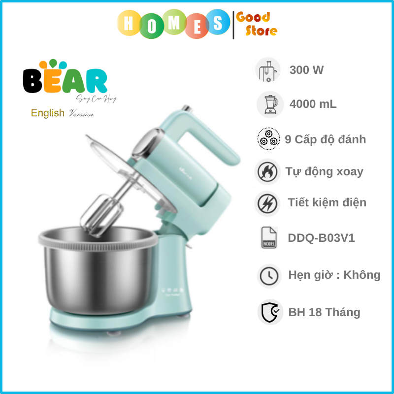 Máy Đánh Trứng Trộn Bột Để Bàn BEAR DDQ-B03V1 Dung Tích Cối 4 Lít, Công Suất 300 W - Hàng Chính Hãng