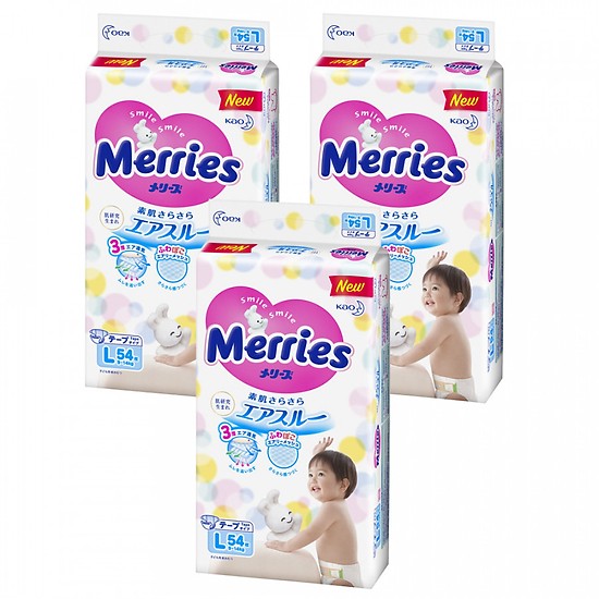 Combo 3 bịch tã dán Merries cực đại L54 miếng