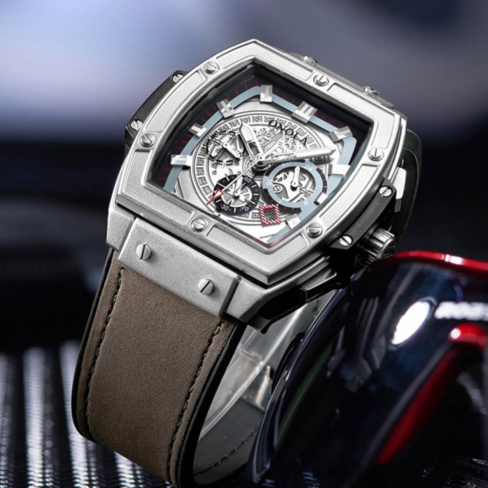 Đồng hồ Quartz dành cho nam với dây đeo bằng da có màn hình phát sáng thiết kế rỗng 3ATM