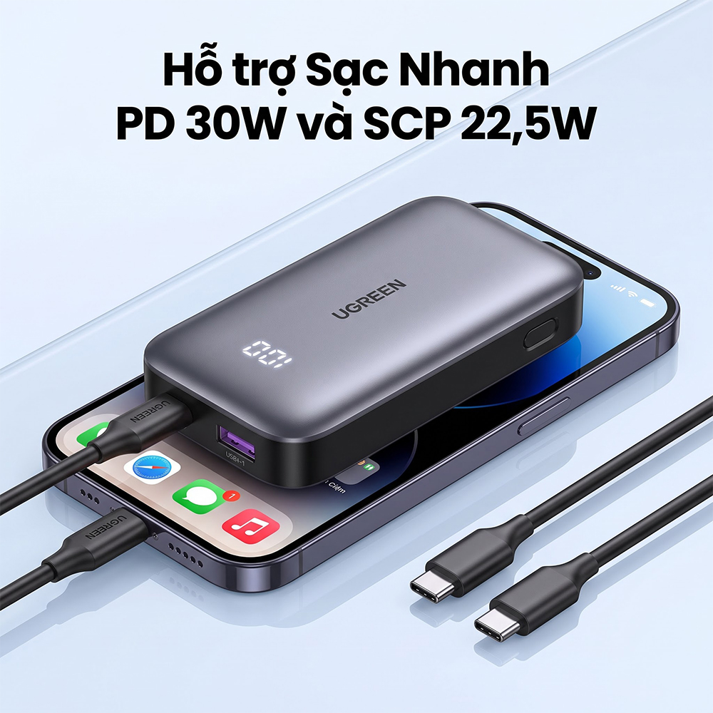 Sạc dự phòng Ugreen Nexode Power Bank 1USB 2Type-C 30W 10000mAh PB502 25185 - Hàng chính hãng