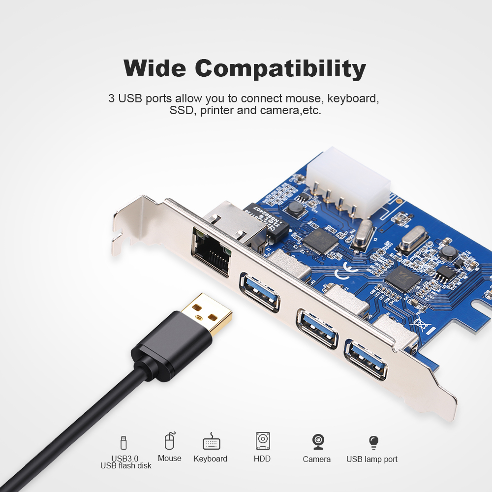 Thẻ Mở Rộng PCI-E Sang 3 Cổng USB3.0 Nguồn Điện 4pin Và Hỗ Trợ Mạng Tốc Độ Cao Gigabit PCI-E 1x / PCI-E