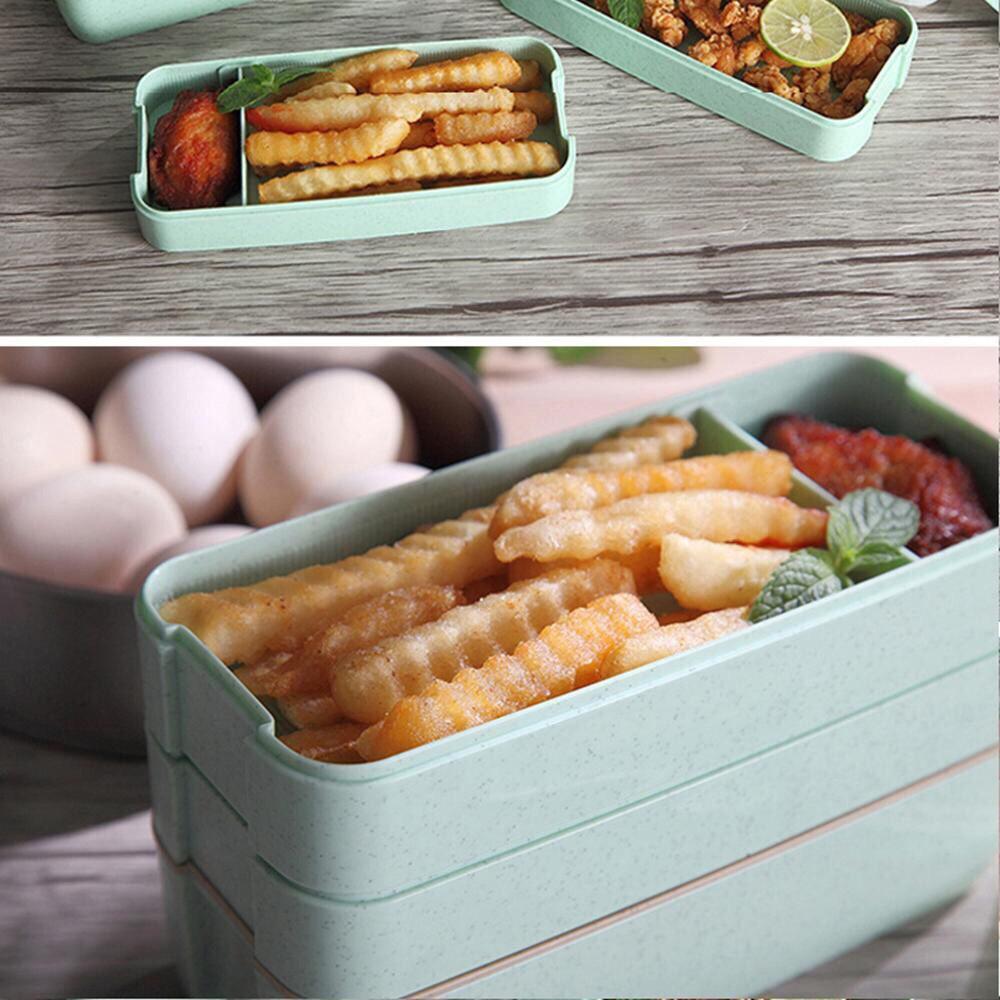 Hộp Cơm 3 Tầng Lúa Mạch Kèm Thìa,Dĩa